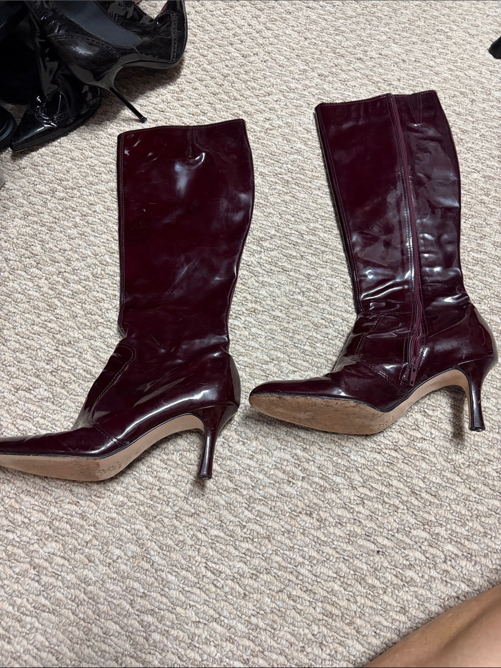Patent-Style Knee-High Heeled Boots in Burgundy